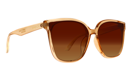 3 quarter view of the Audrey Honey - honey colored frame with polarized brown gradient lens