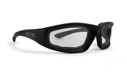 Foam sunglasses with transparent mirror lens and black frame by Epoch Eyewear