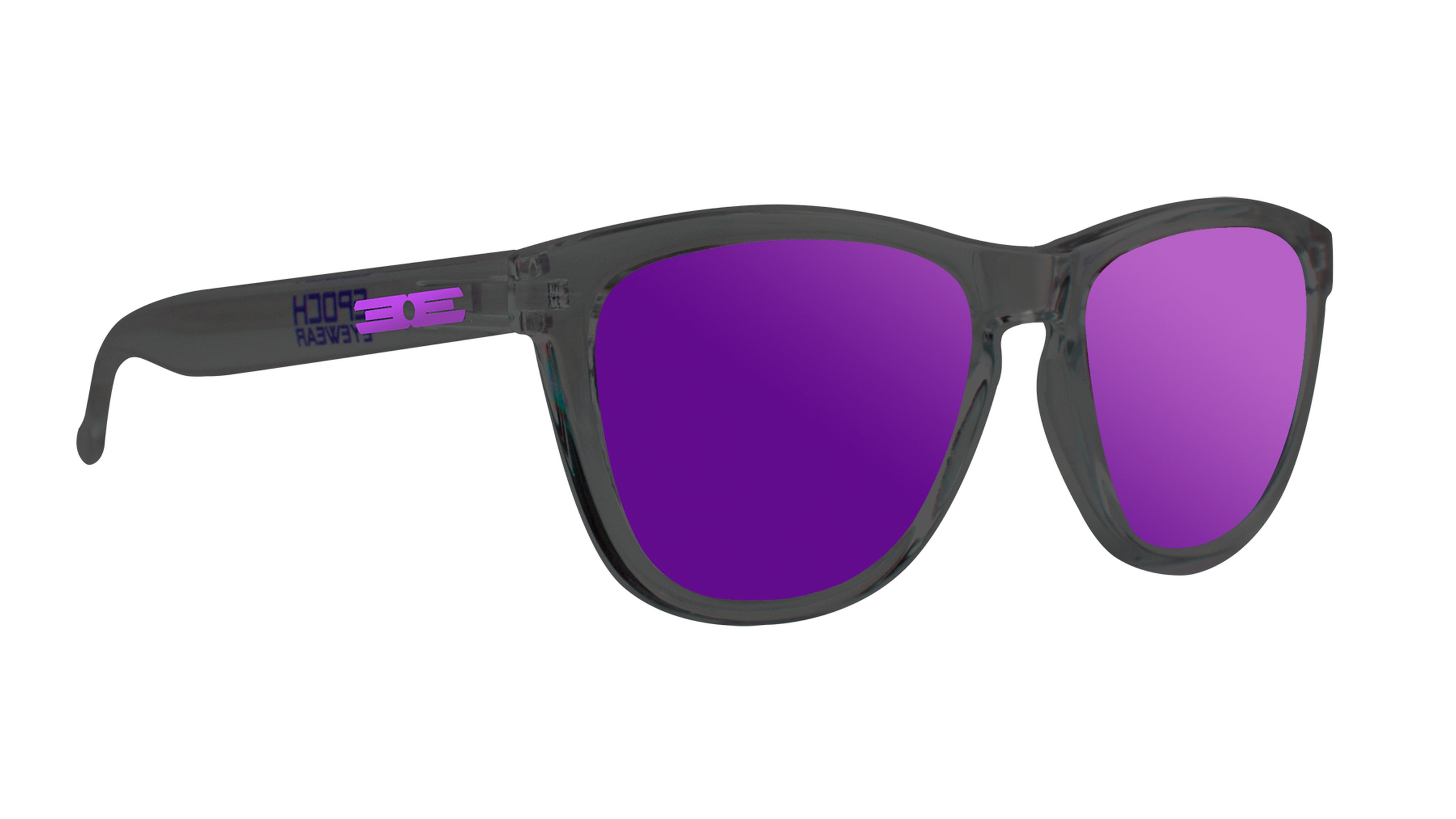 Epoch LXE  Polarized Sunglasses with purple lenses and black frame on a white background.