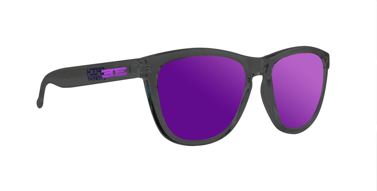 Epoch LXE  Polarized Sunglasses with purple lenses and black frame on a white background.