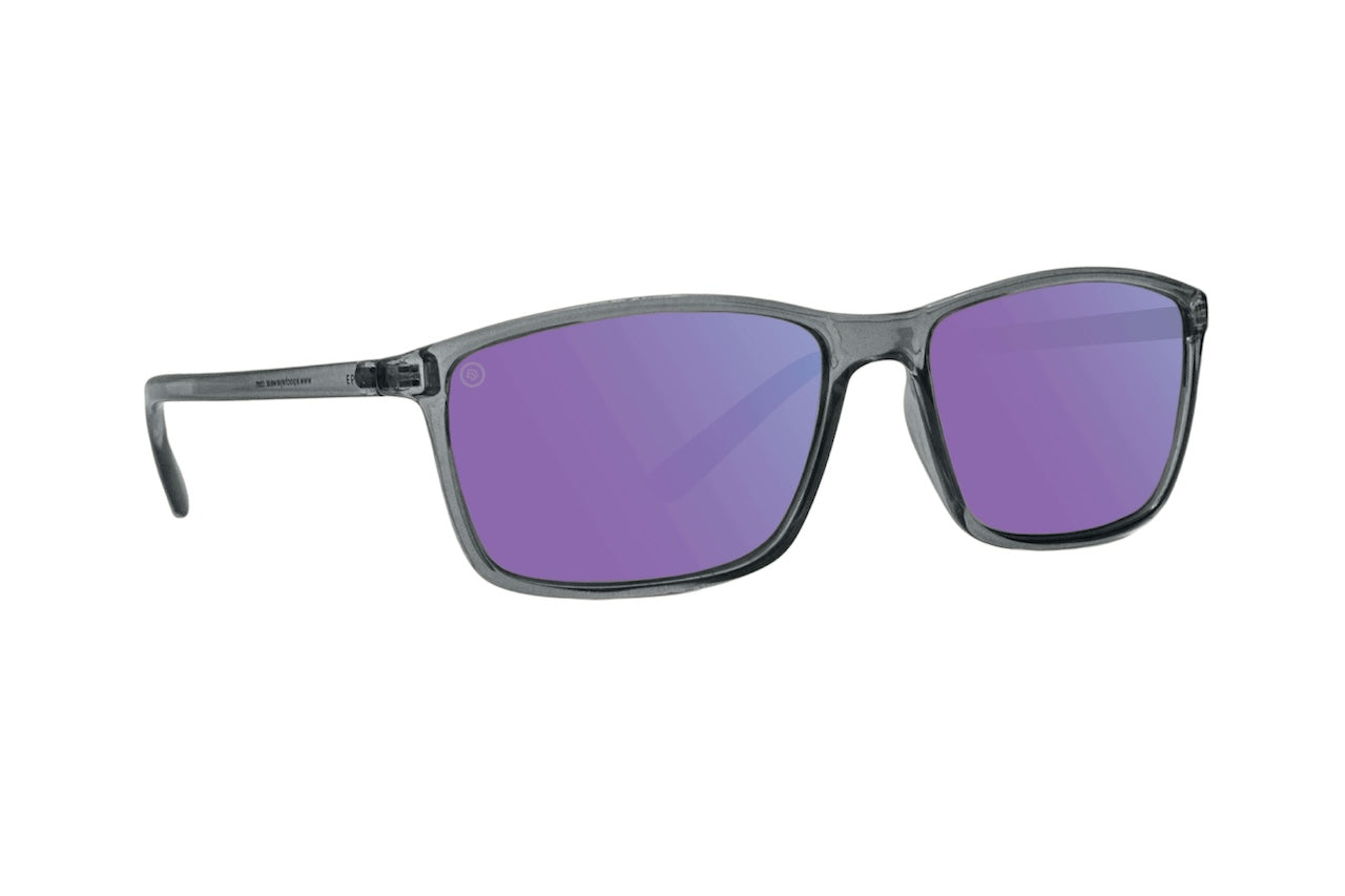A pair of Murphy shades with purple lenses on a white background.