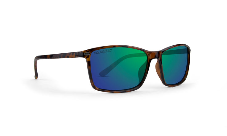 Murphy, a pair of tortoise sunglasses with green mirrored lenses called 