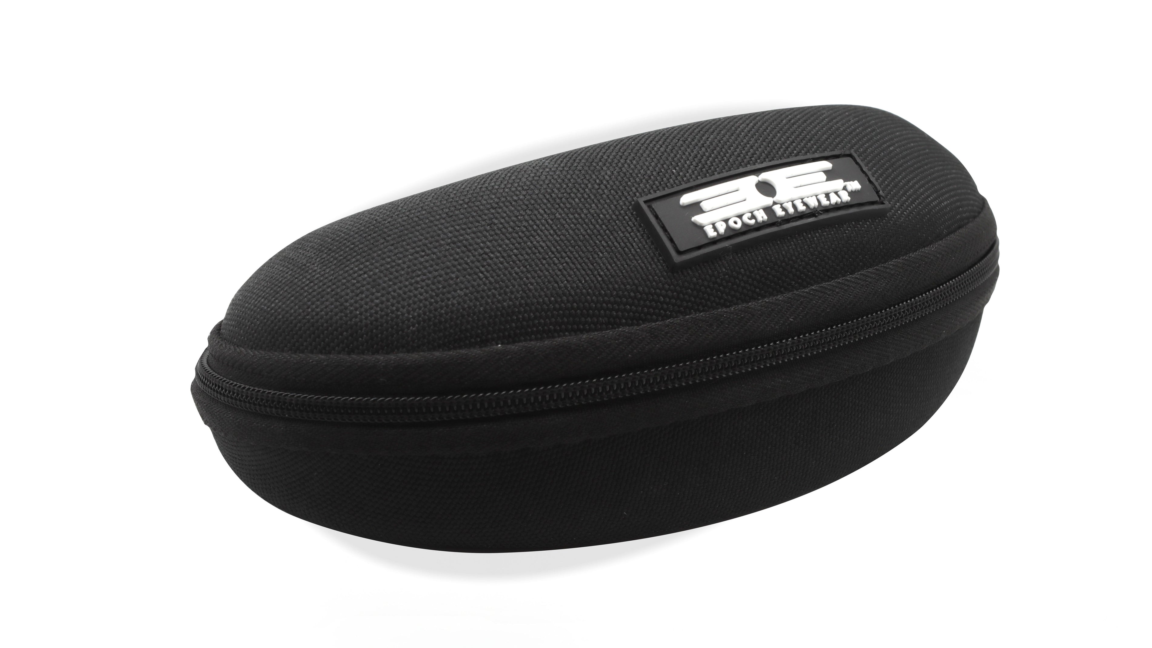 A black eyeglass case with a zippered Hard Case by Epoch Eyewear 