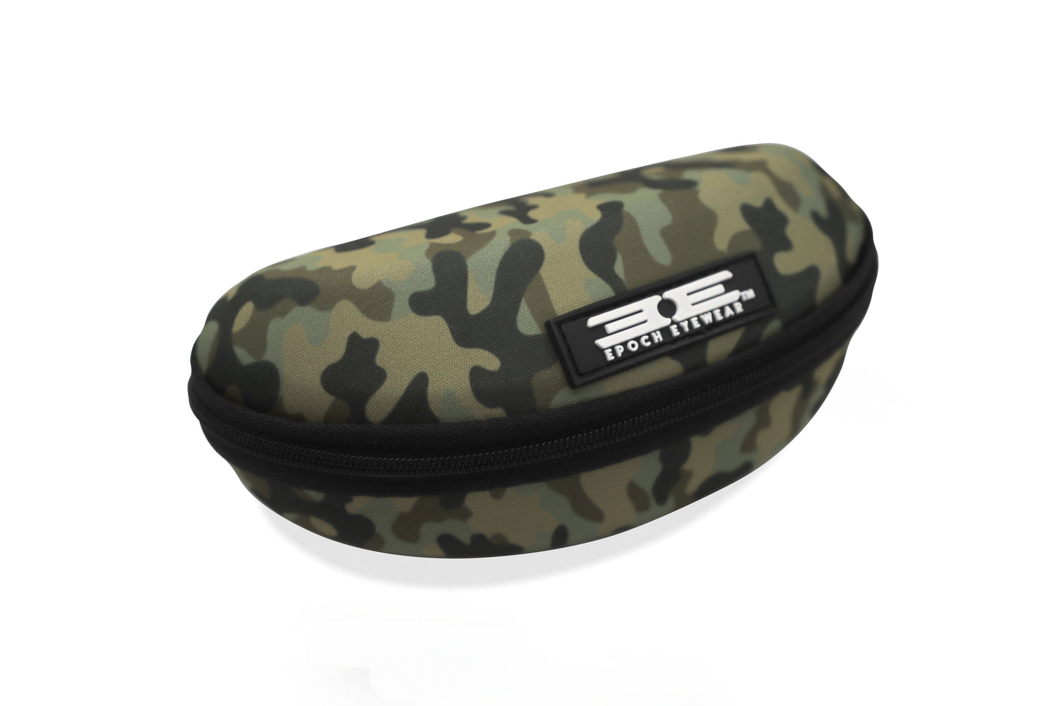 A camouflage eyeglass case featuring a zippered Hard Case on a white background.