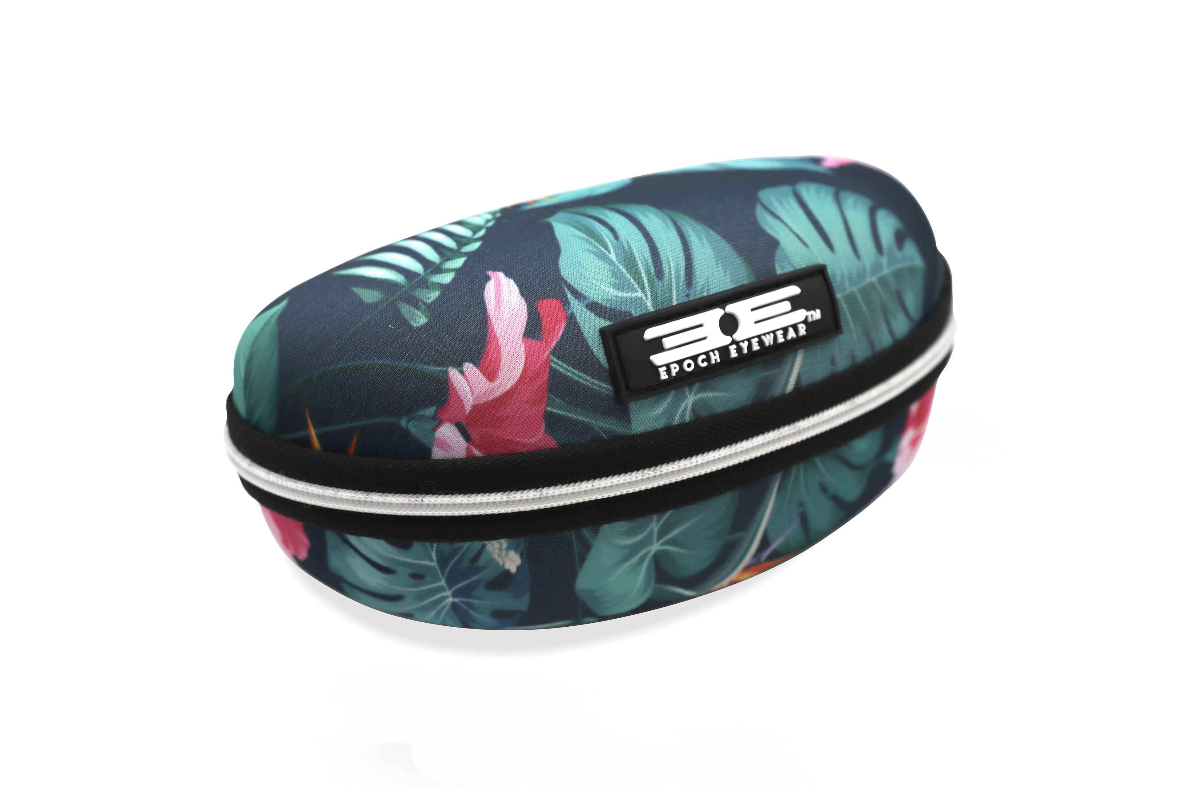 A black zippered Hard Case with a tropical print on it.