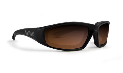 Foam sunglasses with dark brown mirror lens and black frame in US by Epoch Eyewear