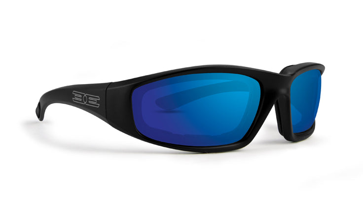 Foam sunglasses with blue mirror lens and black frame in US by Epoch Eyewear
