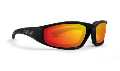 Foam sunglasses with Orange mirror lens and black frame in US 
