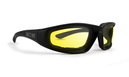 Foam sunglasses with yellow tinted mirror lens and black frame in US by Epoch Eyewear