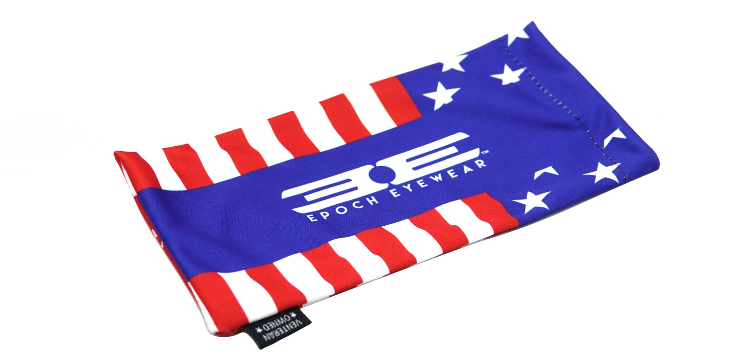 A red, white, and blue headband with the American Flag on it would be replaced by &quot;Microfiber Bag&quot;.