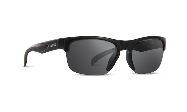 black sunglasses with smoke mirror lens by epoch eyewear 