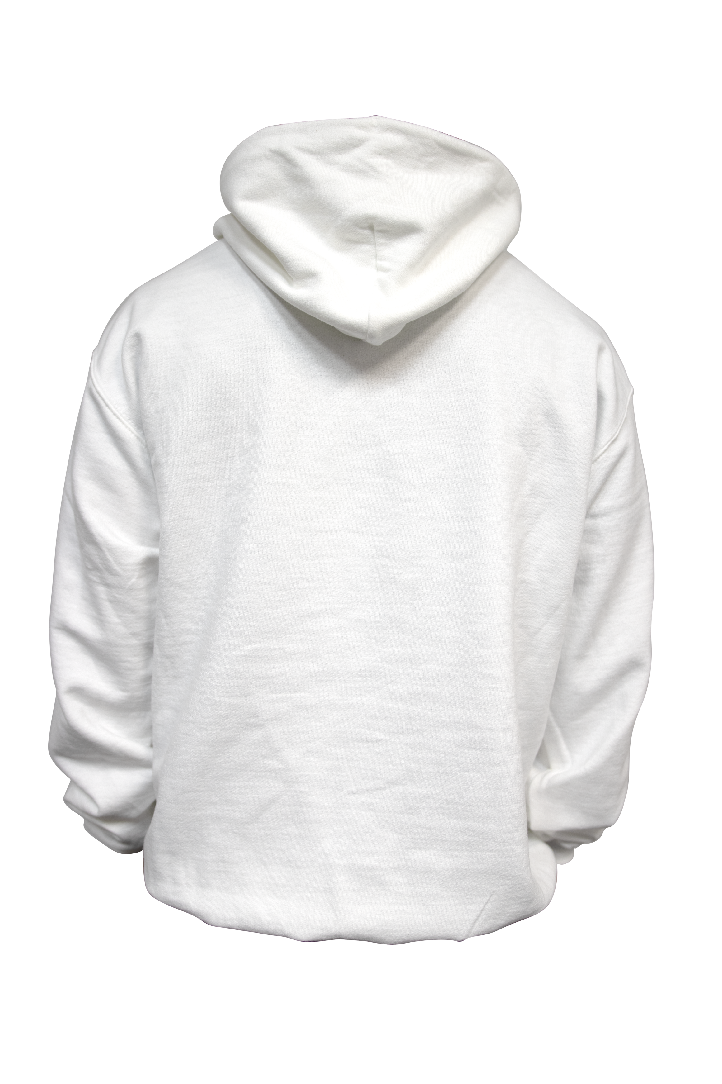backside of white hoodie with epoch eyewear logo on it