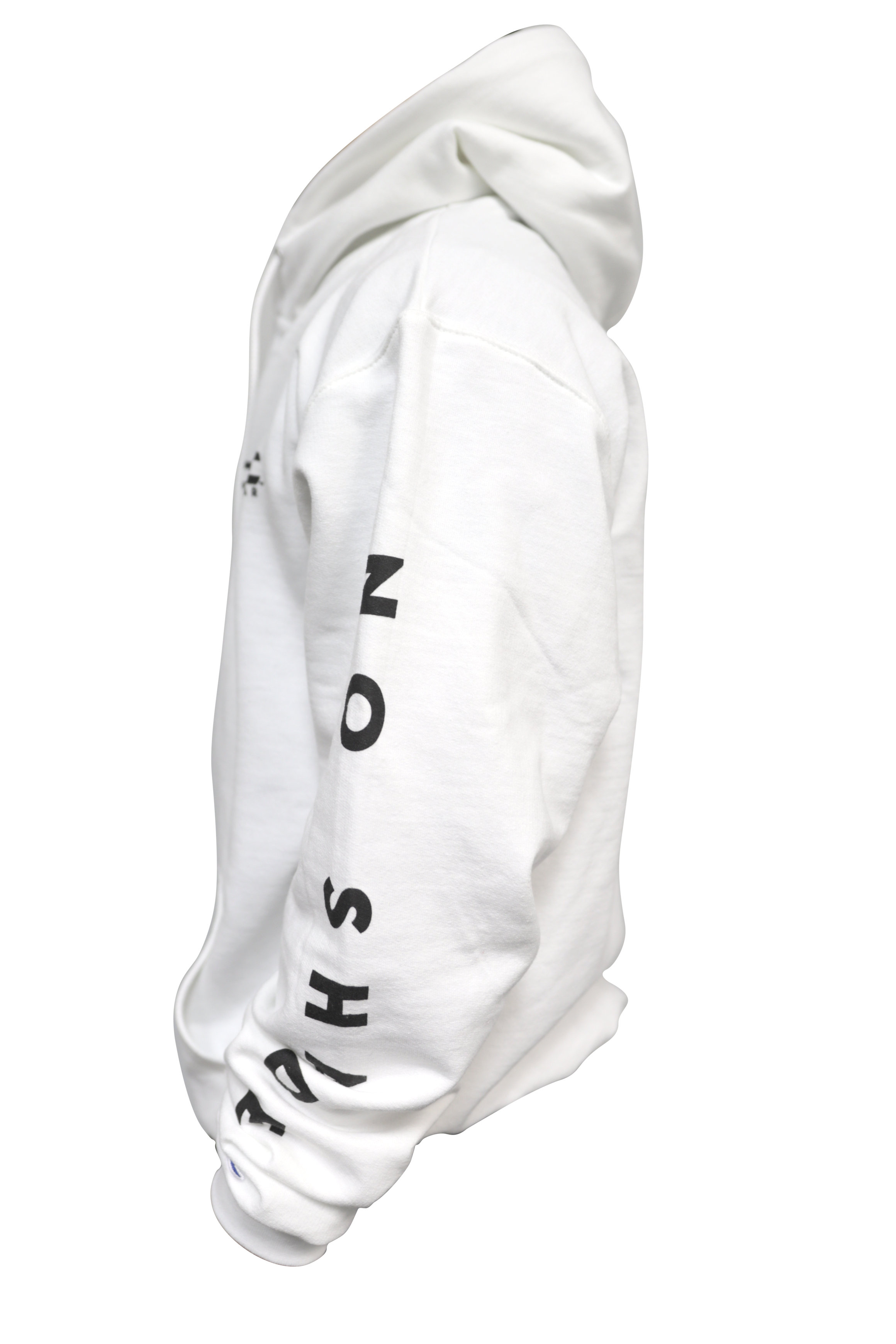 right side of white hoodie with epoch eyewear logo on it